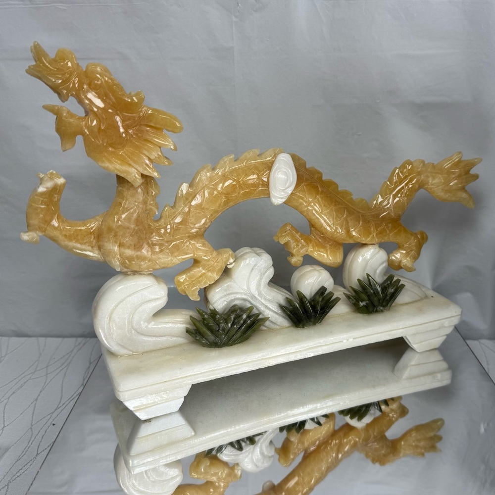 Yellow Jade Carved Stone Serpent Dragon Statue - Picture 5 of 13